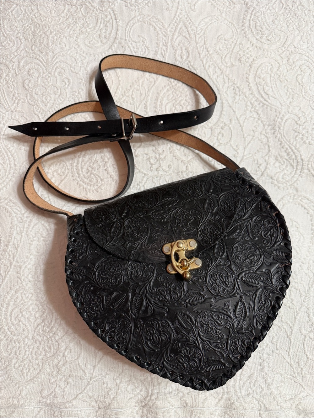 Black Embossed Heart Shaped Crossbody Bag with Gold Clasp